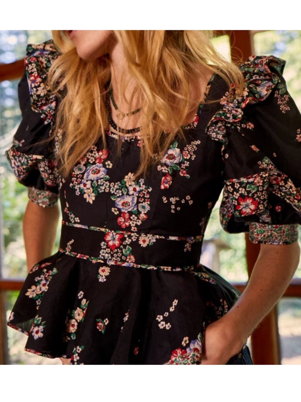 Hunter Bell NYC | Blayne Puff-Sleeve Floral Poplin Peplum Top | Black Floral